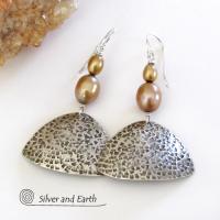 Sterling Silver Earrings with Gold Freshwater Pearls - Elegant Modern Jewelry