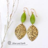 Gold Brass Earrings with Green Jade Stones - Earthy Handmade Artisan Jewelry