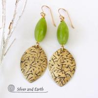 Gold Brass Earrings with Green Jade Stones - Earthy Handmade Artisan Jewelry
