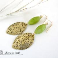 Gold Brass Earrings with Green Jade Stones - Earthy Handmade Artisan Jewelry