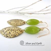 Gold Brass Earrings with Green Jade Stones - Earthy Handmade Artisan Jewelry