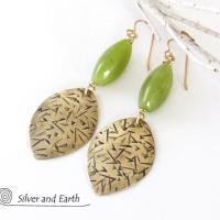 Gold Brass Earrings with Green Jade Stones - Earthy Handmade Artisan Jewelry