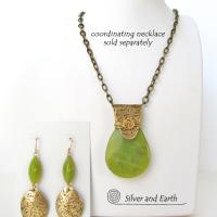 Gold Brass Earrings with Green Jade Stones - Earthy Handmade Artisan Jewelry