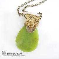 Green Jade Gemstone Necklace with Gold Brass Bail - Unique Handmade Jewelry