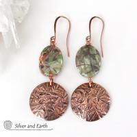 Textured Copper Dangle Earrings with Green Rhyolite Jasper Stones