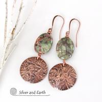 Textured Copper Dangle Earrings with Green Rhyolite Jasper Stones