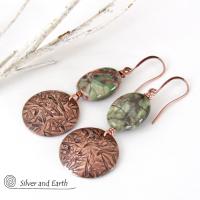 Textured Copper Dangle Earrings with Green Rhyolite Jasper Stones