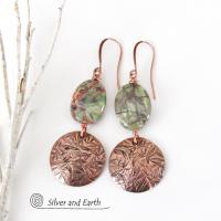 Textured Copper Dangle Earrings with Green Rhyolite Jasper Stones