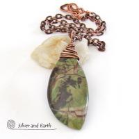 Green Rhyolite Jasper Pendant on Copper Chain - Wire Wrapped Stone Jewelry