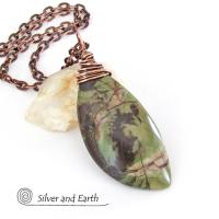Green Rhyolite Jasper Pendant on Copper Chain - Wire Wrapped Stone Jewelry