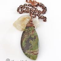 Green Rhyolite Jasper Pendant on Copper Chain - Wire Wrapped Stone Jewelry