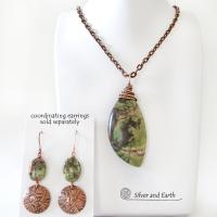 Green Rhyolite Jasper Pendant on Copper Chain - Wire Wrapped Stone Jewelry