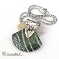 Green Zebra Jasper Sterling Silver Necklace - Unique Natural Stone Jewelry