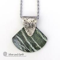 Green Zebra Jasper Sterling Silver Necklace - Unique Natural Stone Jewelry