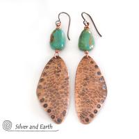 Long Hammered Copper Dangle Earrings with Natural Turquoise Stones