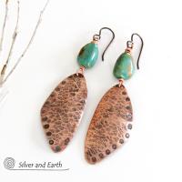 Long Hammered Copper Dangle Earrings with Natural Turquoise Stones