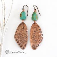 Long Hammered Copper Dangle Earrings with Natural Turquoise Stones