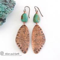 Long Hammered Copper Dangle Earrings with Natural Turquoise Stones