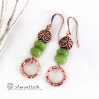 Hammered Copper Dangle Earrings with Green Serpentine Stones & Filigree Beads