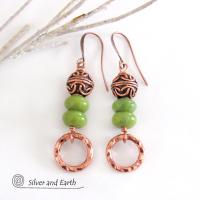 Hammered Copper Dangle Earrings with Green Serpentine Stones & Filigree Beads