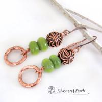 Hammered Copper Dangle Earrings with Green Serpentine Stones & Filigree Beads