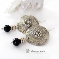 Textured Sterling Silver Earrings with Black Onyx - Chic Modern Stylish Jewelry