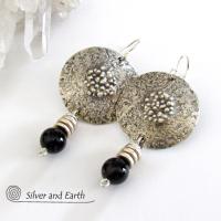 Textured Sterling Silver Earrings with Black Onyx - Chic Modern Stylish Jewelry