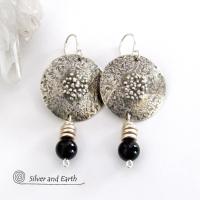 Textured Sterling Silver Earrings with Black Onyx - Chic Modern Stylish Jewelry