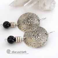 Textured Sterling Silver Earrings with Black Onyx - Chic Modern Stylish Jewelry