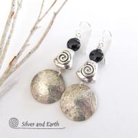 Hammered Sterling Silver Earrings with Spiral Beads & Black Onyx Stones