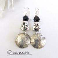 Hammered Sterling Silver Earrings with Spiral Beads & Black Onyx Stones
