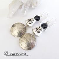Hammered Sterling Silver Earrings with Spiral Beads & Black Onyx Stones