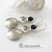 Hammered Sterling Silver Earrings with Spiral Beads & Black Onyx Stones