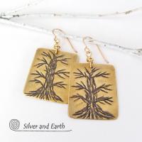 Hand Stamped Brass Tree Earrings - Handcrafted Tree of Life Nature Jewelry