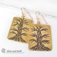 Hand Stamped Brass Tree Earrings - Handcrafted Tree of Life Nature Jewelry