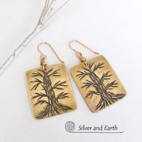 Hand Stamped Brass Tree Earrings - Handcrafted Tree of Life Nature Jewelry