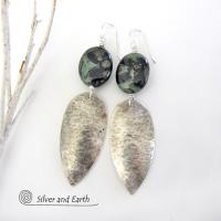 Long Hammered Sterling Silver Earrings with Kambaba Jasper Stones