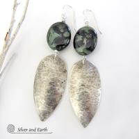 Long Hammered Sterling Silver Earrings with Kambaba Jasper Stones