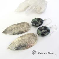 Long Hammered Sterling Silver Earrings with Kambaba Jasper Stones