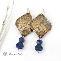 Gold Brass Earrings with Lapis Lazuli Gemstones - Bold Exotic Moroccan Jewelry