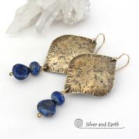 Gold Brass Earrings with Lapis Lazuli Gemstones - Bold Exotic Moroccan Jewelry