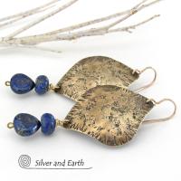 Gold Brass Earrings with Lapis Lazuli Gemstones - Bold Exotic Moroccan Jewelry