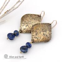 Gold Brass Earrings with Lapis Lazuli Gemstones - Bold Exotic Moroccan Jewelry