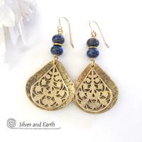 Gold Brass Filigree Earrings with Lapis Lazuli Gemstones - Bold Exotic Jewelry