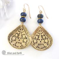 Gold Brass Filigree Earrings with Lapis Lazuli Gemstones - Bold Exotic Jewelry