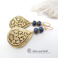 Gold Brass Filigree Earrings with Lapis Lazuli Gemstones - Bold Exotic Jewelry