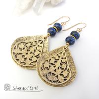 Gold Brass Filigree Earrings with Lapis Lazuli Gemstones - Bold Exotic Jewelry