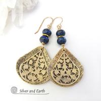 Gold Brass Filigree Earrings with Lapis Lazuli Gemstones - Bold Exotic Jewelry