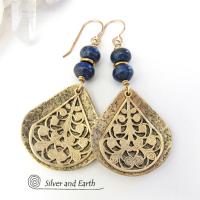 Gold Brass Filigree Earrings with Lapis Lazuli Gemstones - Bold Exotic Jewelry