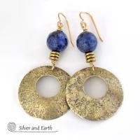 Gold Brass Hoop Earrings with Blue Lapis Gemstones - Modern Chic Jewelry